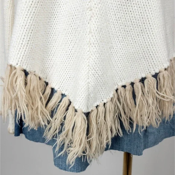 Vintage Boho Knit Fringe Hoodie - Fair Isle Cream Sweater - 90s Cozy Y2K‎ - Picture 5 of 8